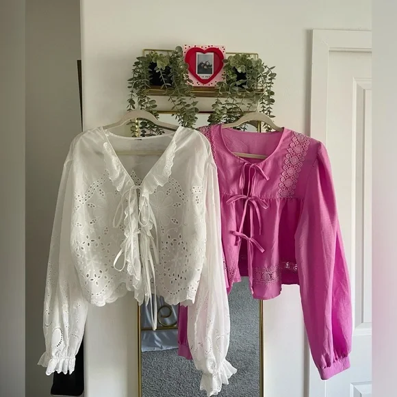 Women’s Lace-Trim Tie-Front Top Bundle - Pink and White - Picture 1 of 4